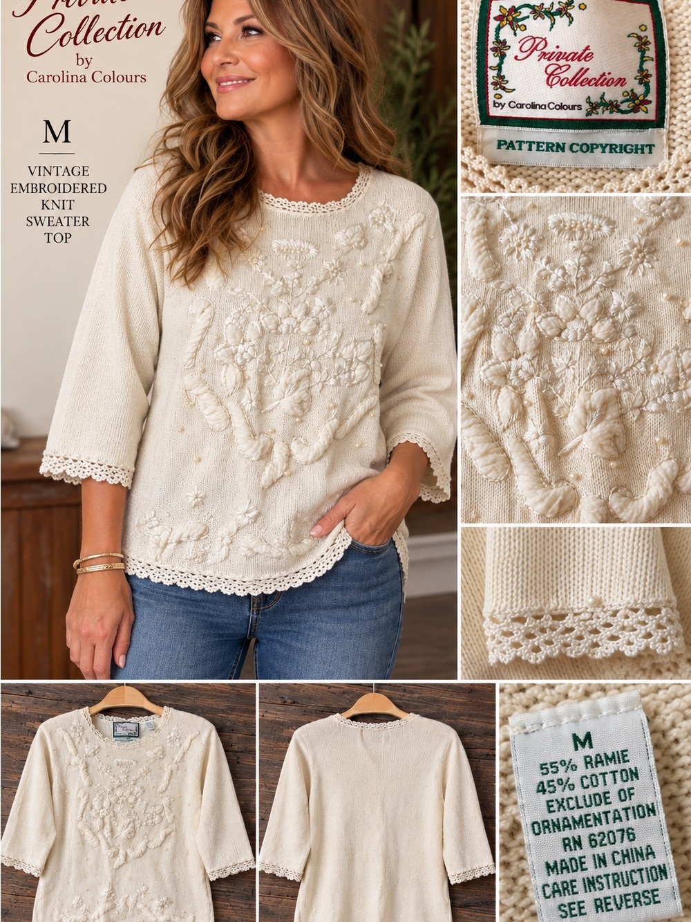 Carolina Colours Cream Embroidered Crochet-Trim Sweater